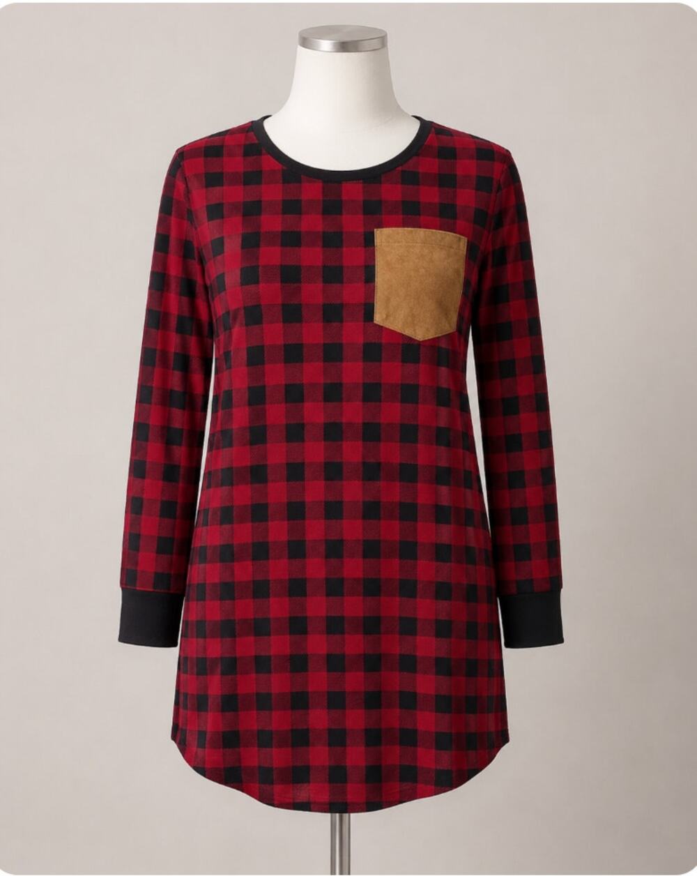 NWT Marleylilly Red & Black Buffalo Plaid Front Pocket Long Sleeve Flannel Tunic